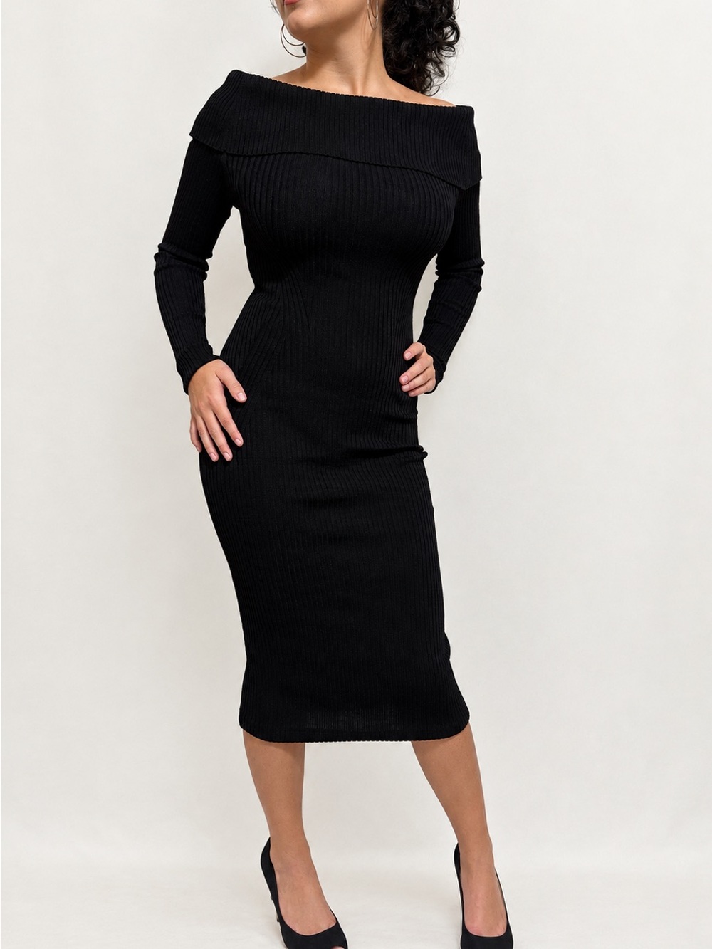 Massimo Dutti Off-the-Shoulder Ribbed Bodycon Midi Sweater Dress Size Small